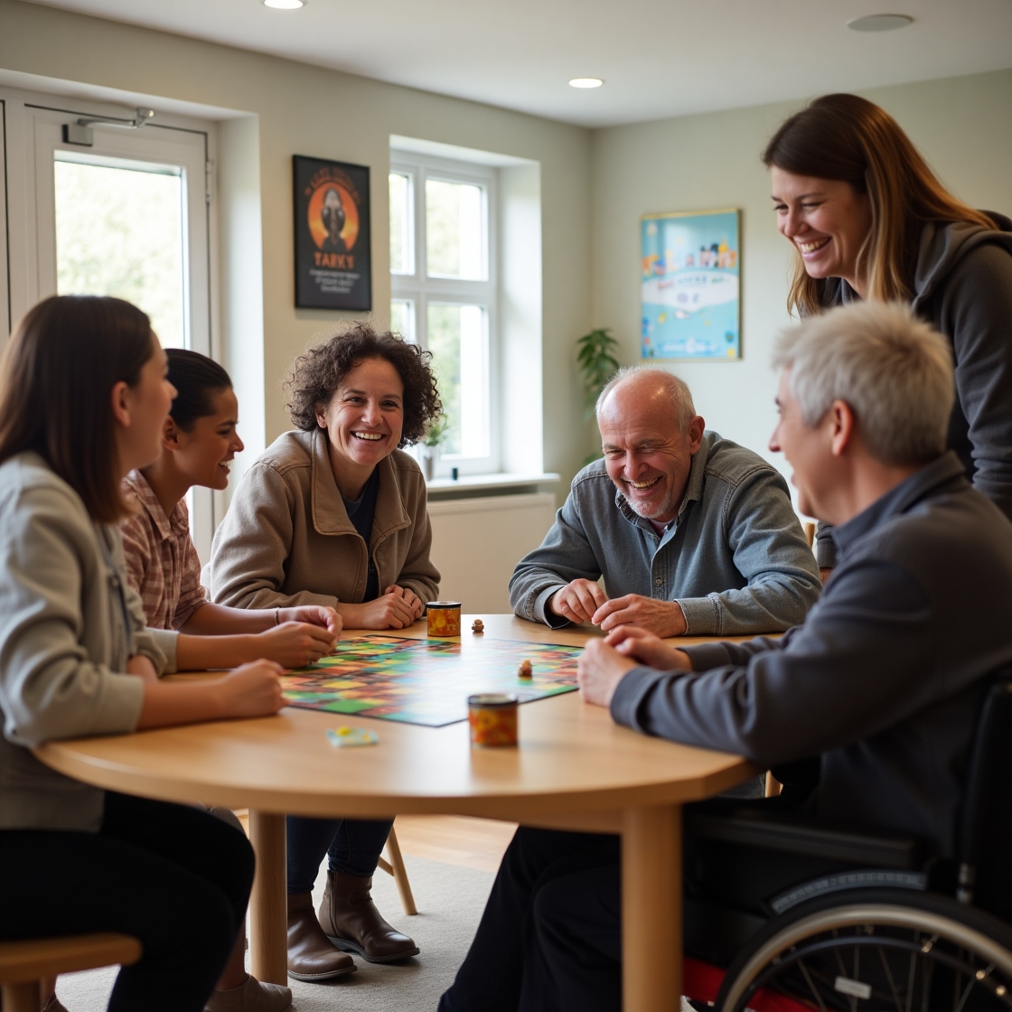 STA social group playing board game, support staff smiling